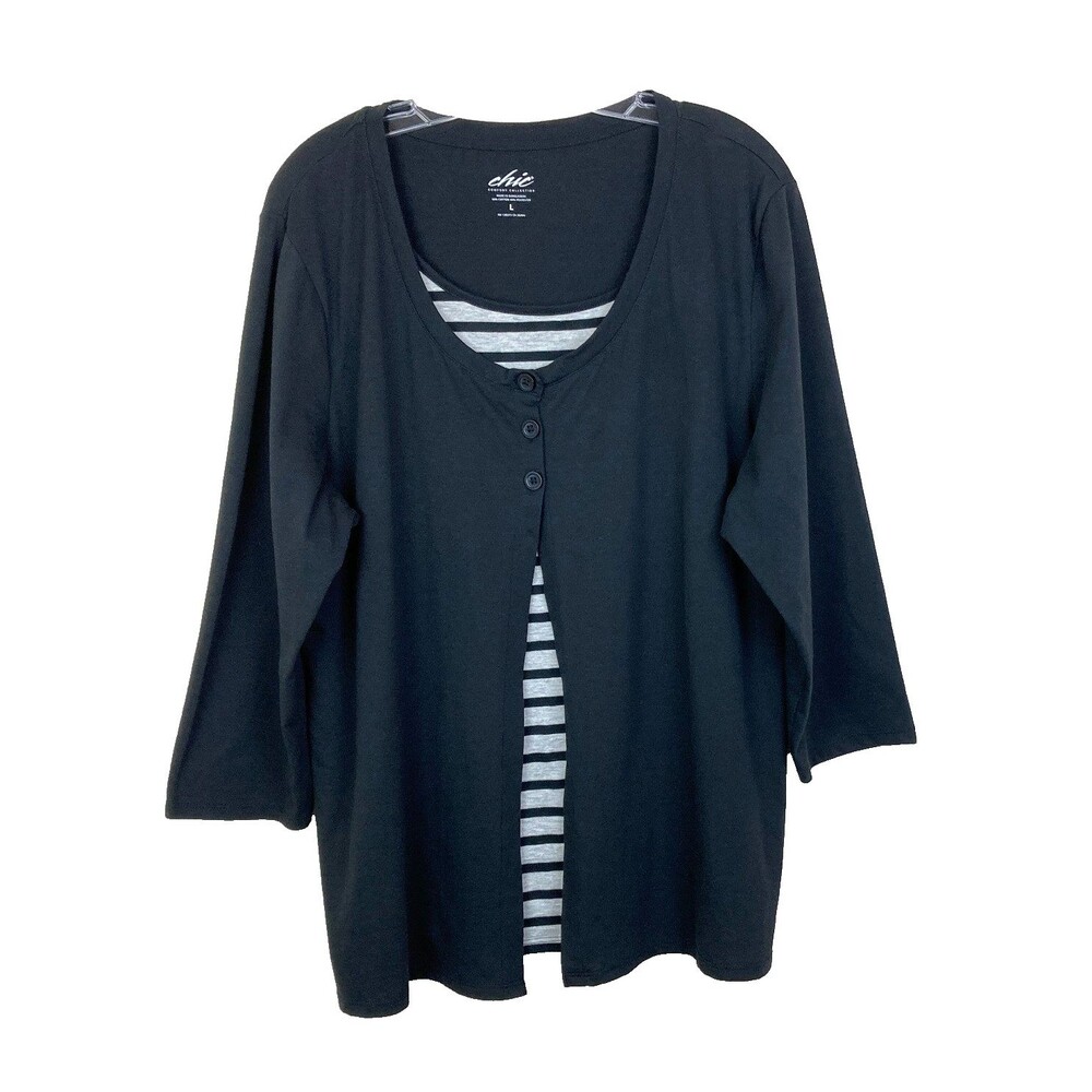Chic Comfort Collection Women's Layered Look 1 Piece Top Size L Black Gray Knit